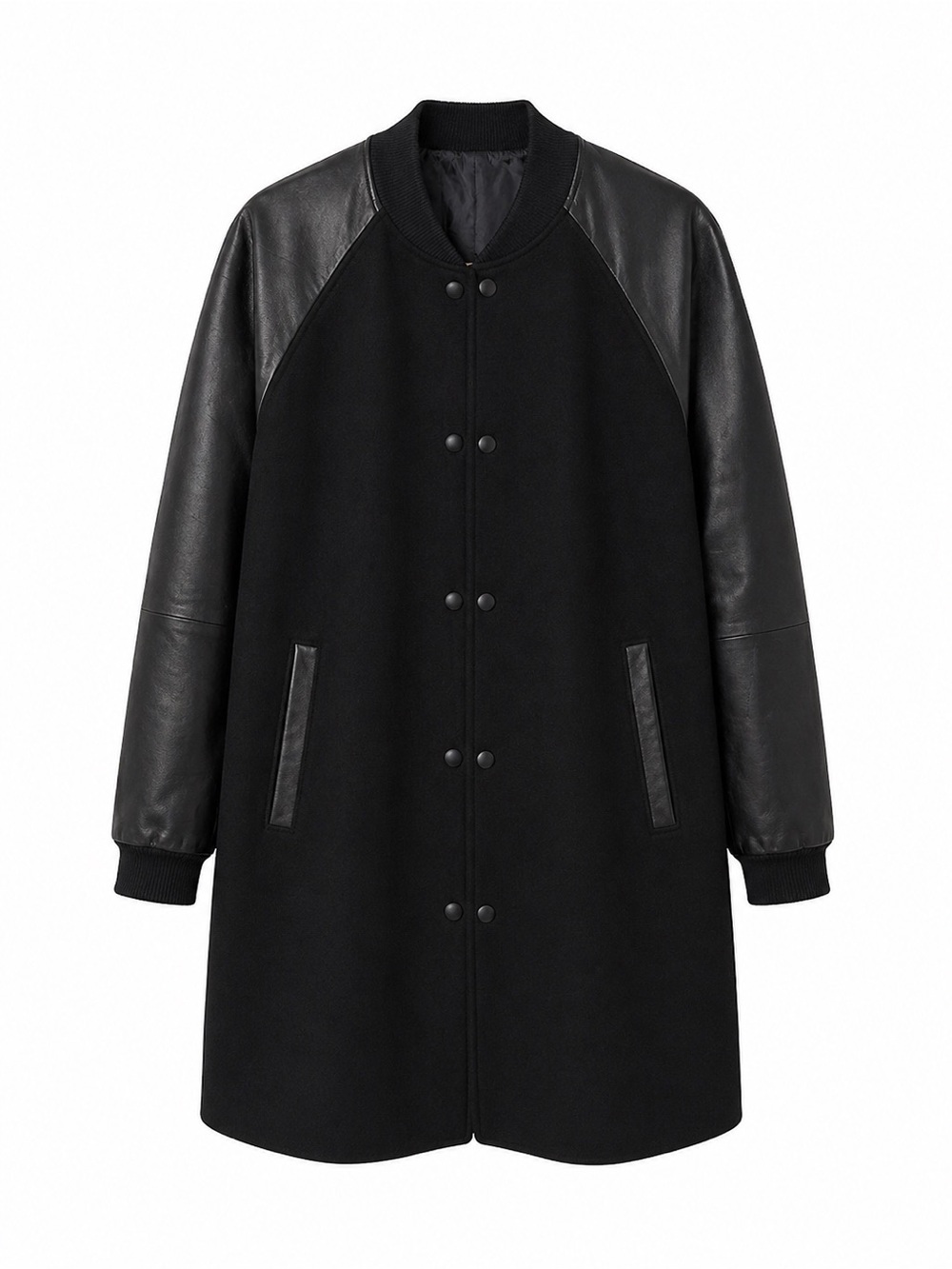 Women’s Black Varsity Bomber Wool Coat With Leather Sleeves. Bust-40 inches - Picture 1 of 11